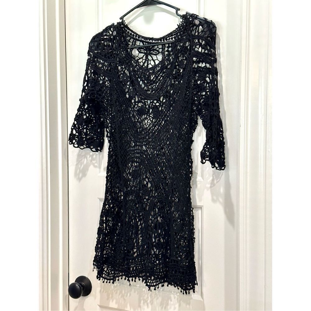 Black crochet long tunic coverup or top size M